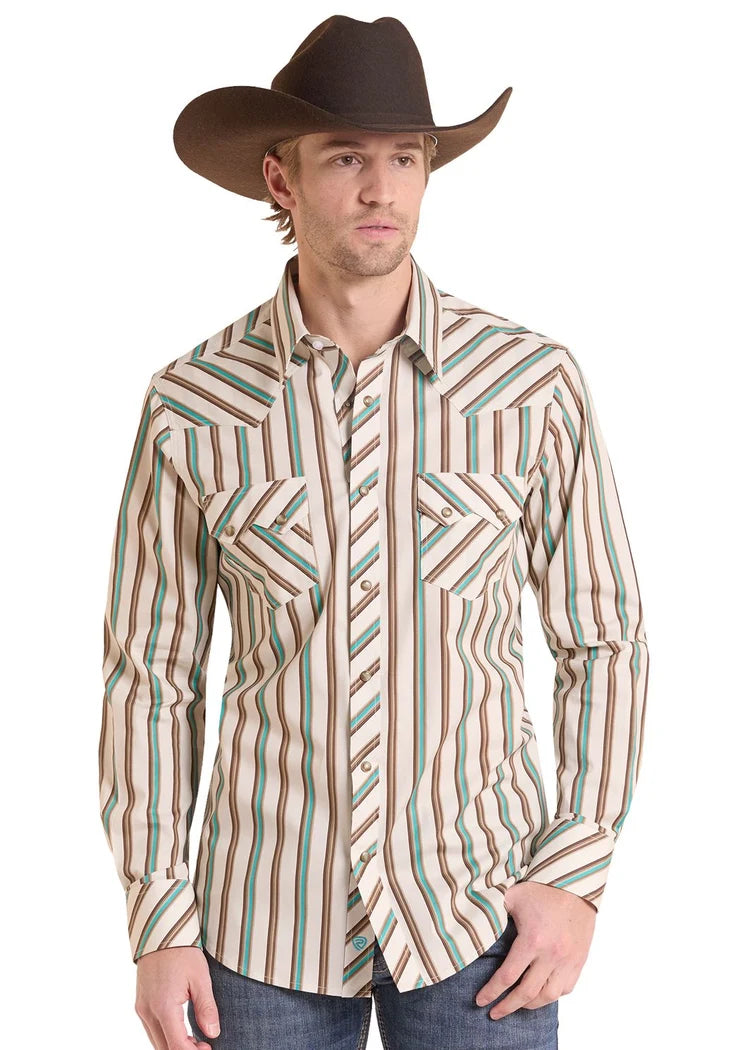 Rock and Roll Men's Teal Striped Long Sleeve Snap Shirt BMN2S10109
