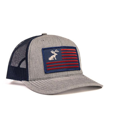 Grey and Navy Snapback with Jackelope and American Flag Patch - Crazy House Western Wear