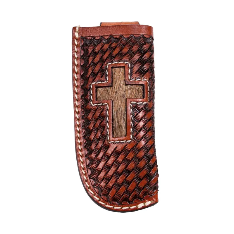 Men's Cowboy Chrome Cognac Basket Weave with Inlay Roan Cross Sheath K266