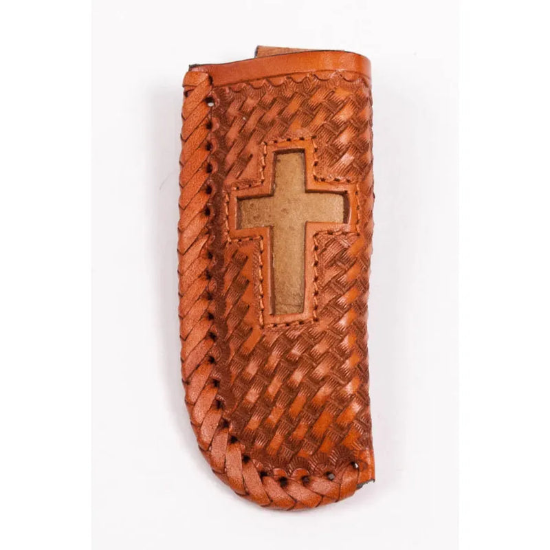 Cowboy Chrome Saddle Tan Basket Weave With Inlay Rawhide Cross Sheath K298