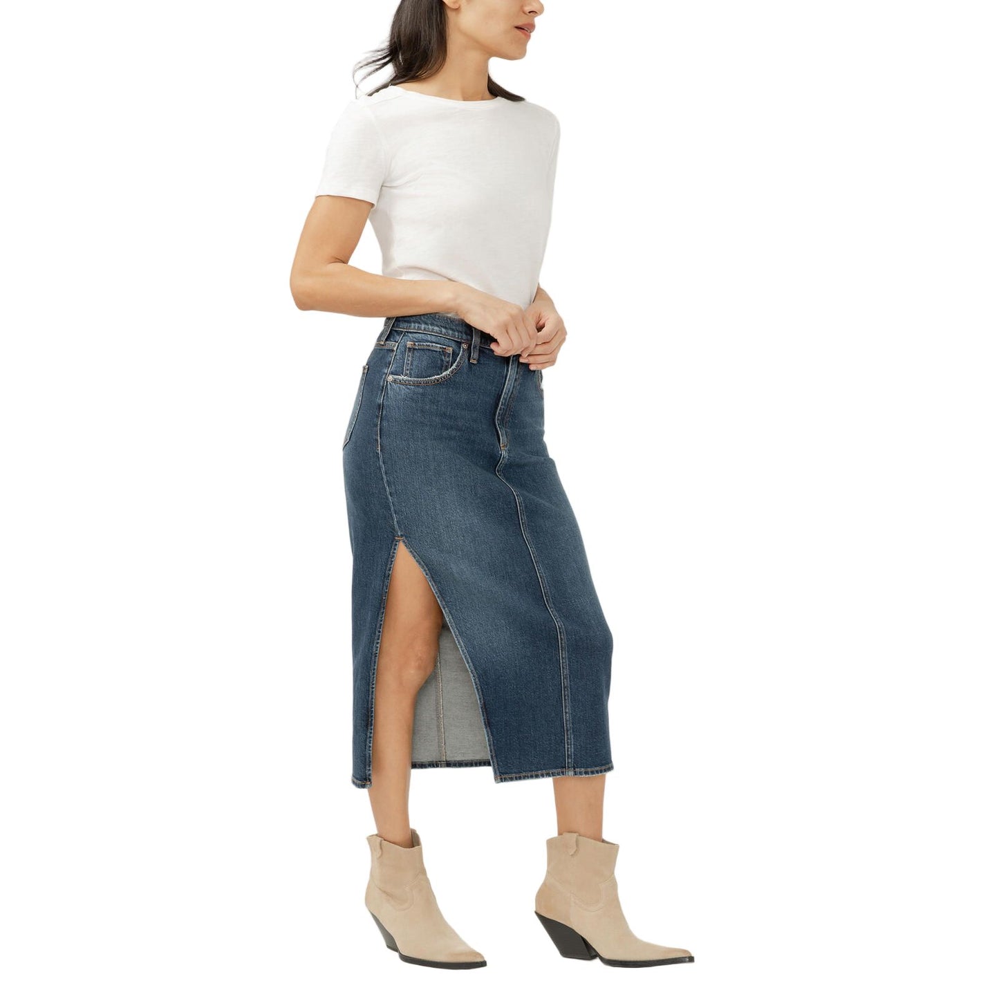 Women's Silver Side Slit Denim Midi Skirt L34111ADM356