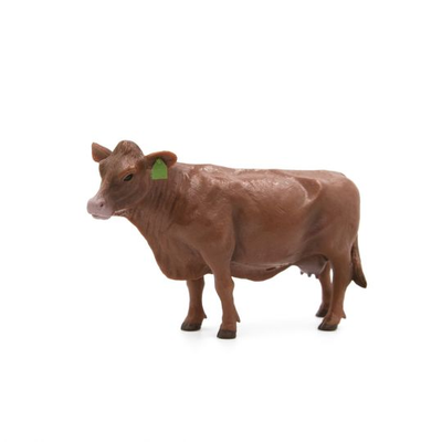 Brown cow figure with a green tag on a white background