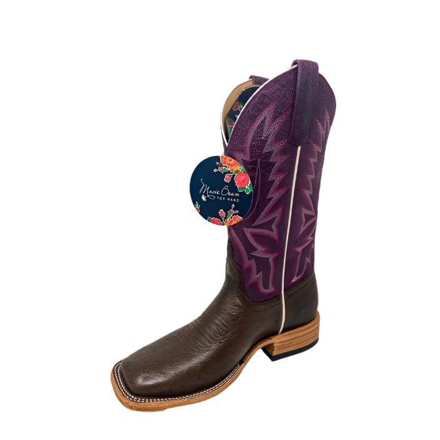 Macie Bean Kango Tobacco Smooth Ostrich with Purple Explosion Top - Crazy House Western Wear