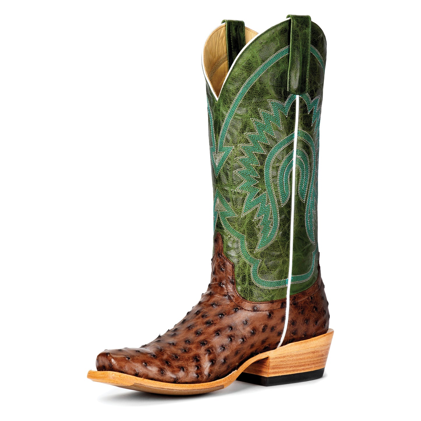 Macie Bean Kango Tobacco Full Quill Ostrich with Emerald Explosion Top - Crazy House Western Wear