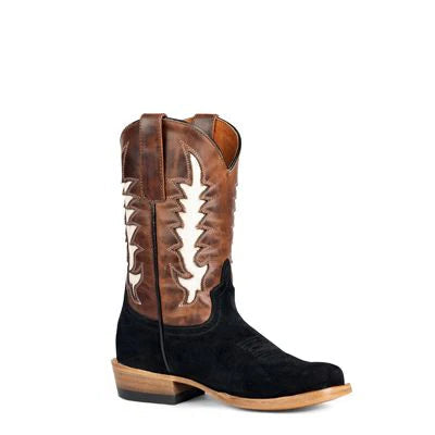 Brown and black cowboy boot on a white background