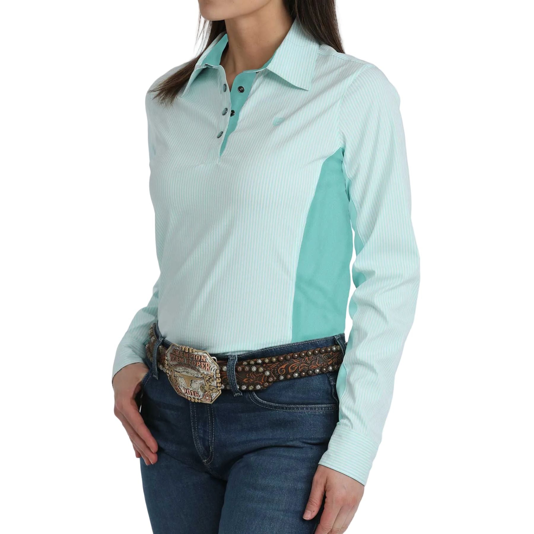 Women's Cinch Mint Striped Quarter Button Top MSW7916001