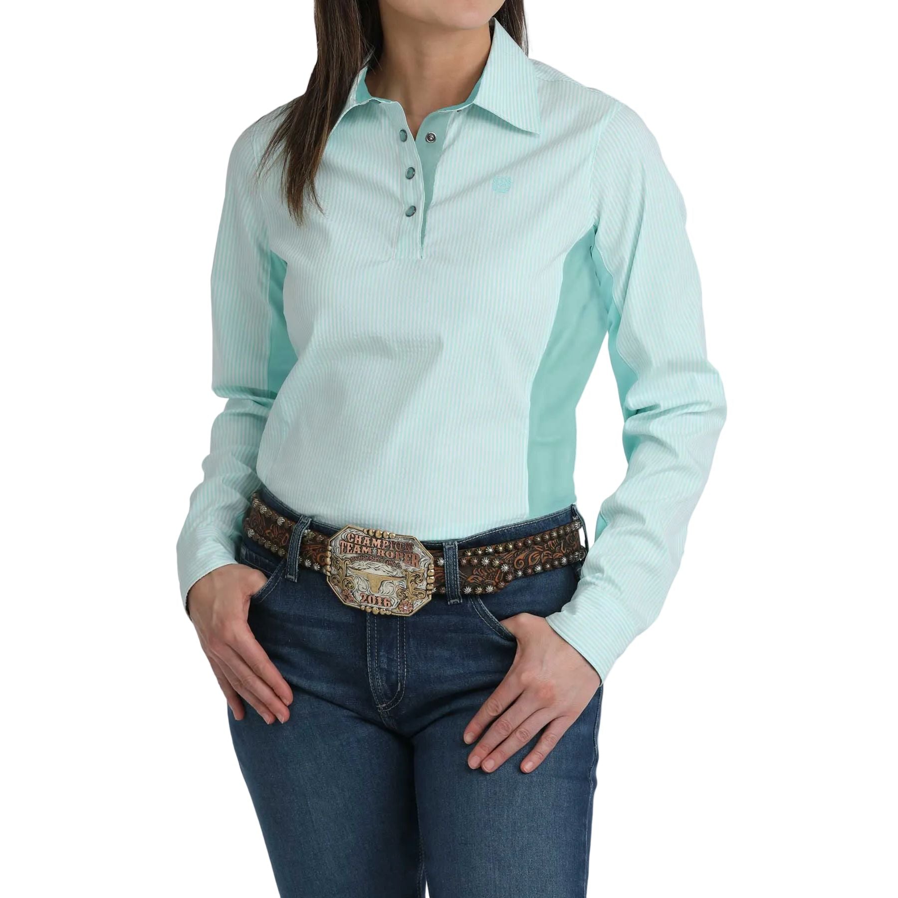 Women's Cinch Mint Striped Quarter Button Top MSW7916001