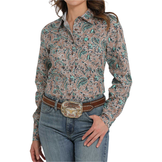 Women's Cinch Long Sleeve Button Up Brown Paisley Western Shirt MSW9164246