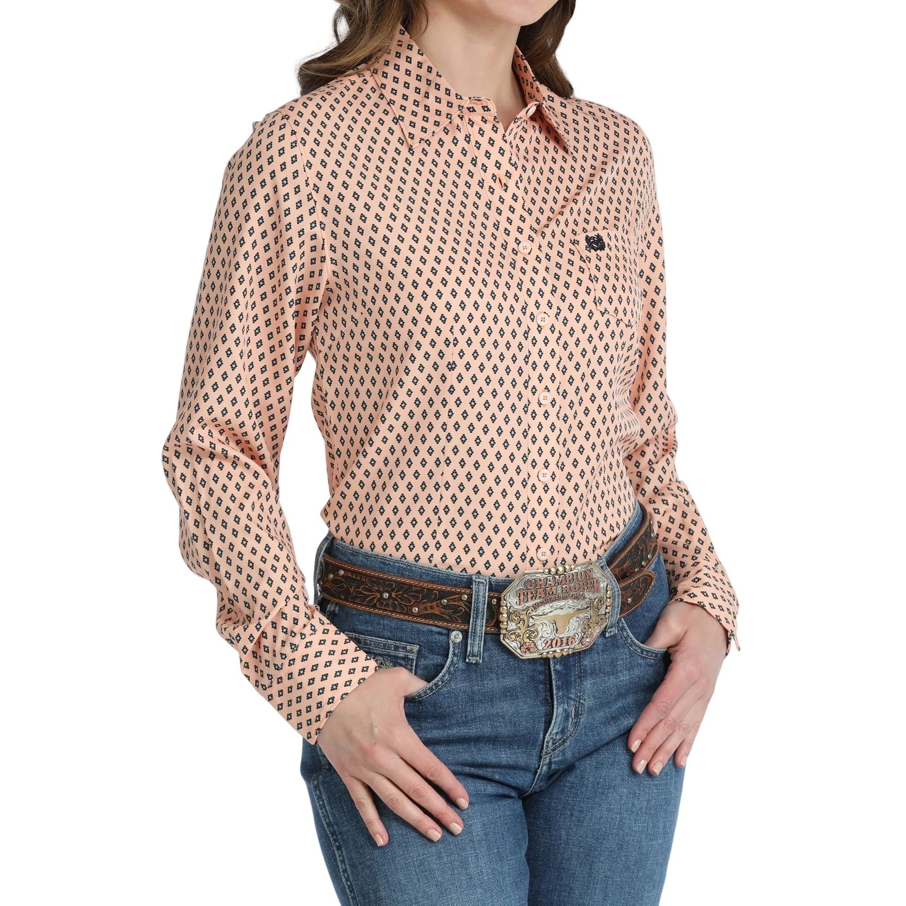 Women's Cinch Peach Print Arena Flex Long Sleeve Button Up MSW9164270