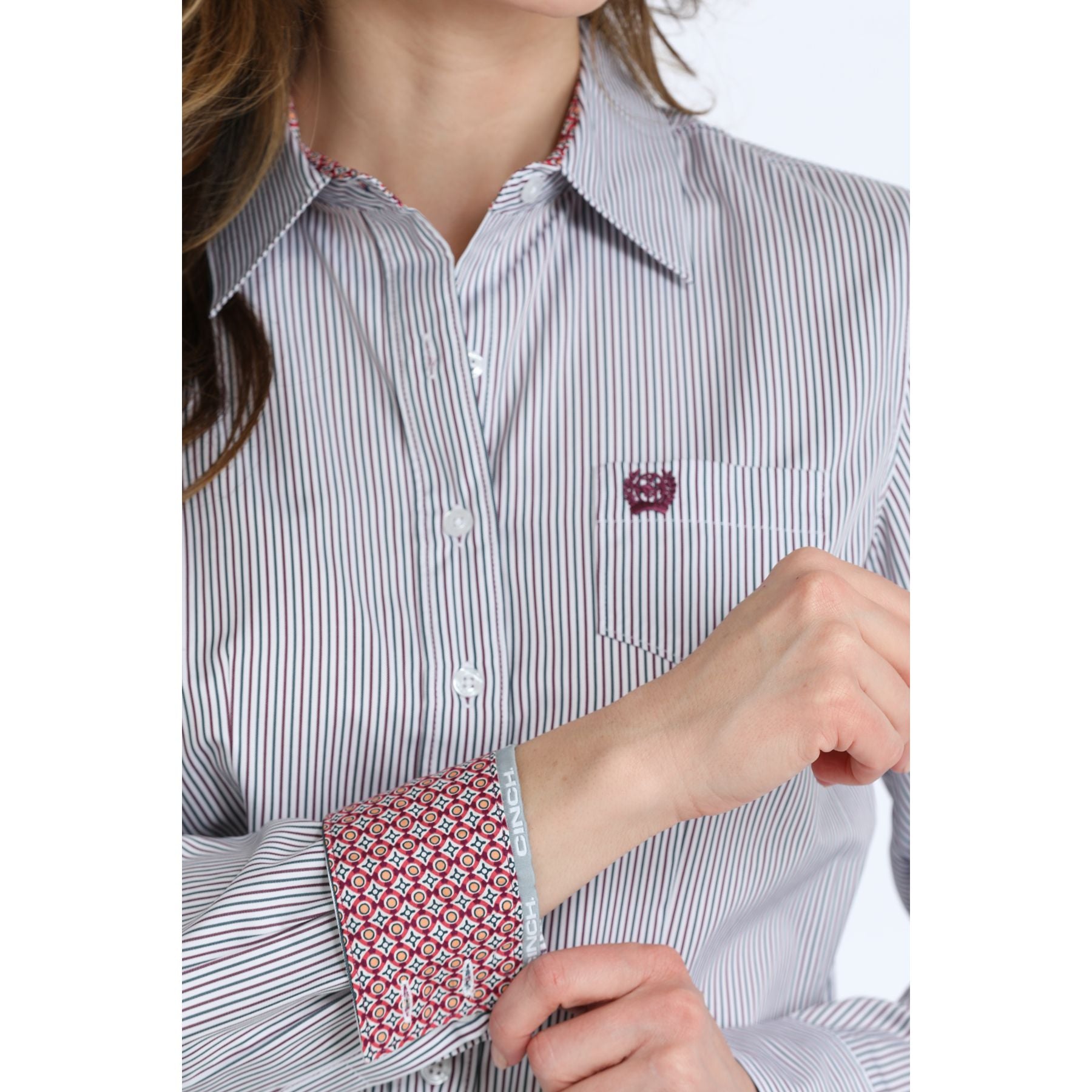 Women's Cinch Long Sleeve White Striped Button Up Shirt MSW9164271