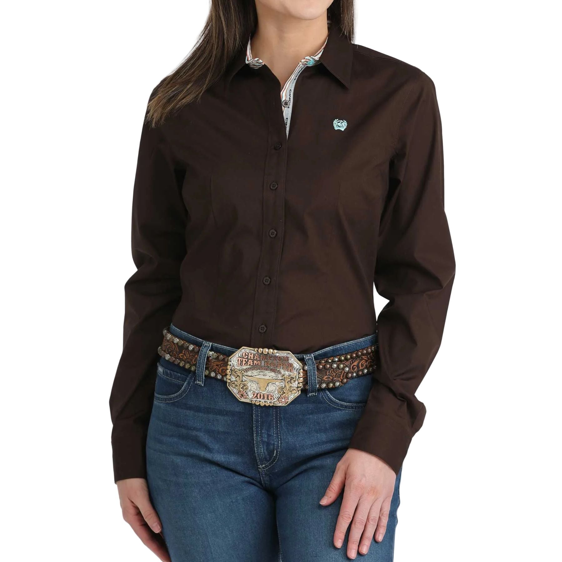 Women's Cinch Brown Button Down Long Sleeve Shirt MSW9165086