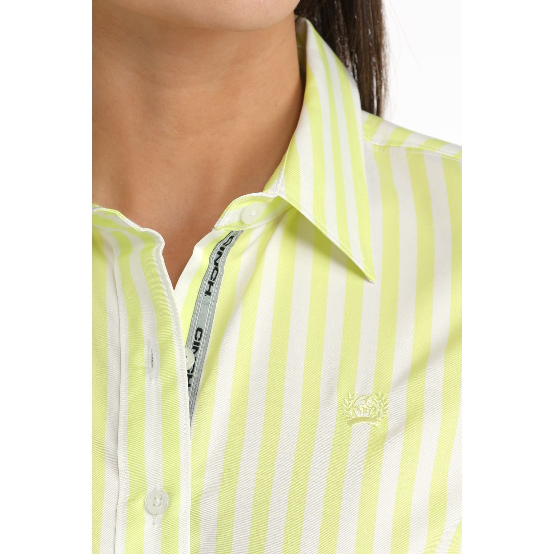 Women's Cinch Long Sleeve Lime and White Striped Button Up MSW9165087