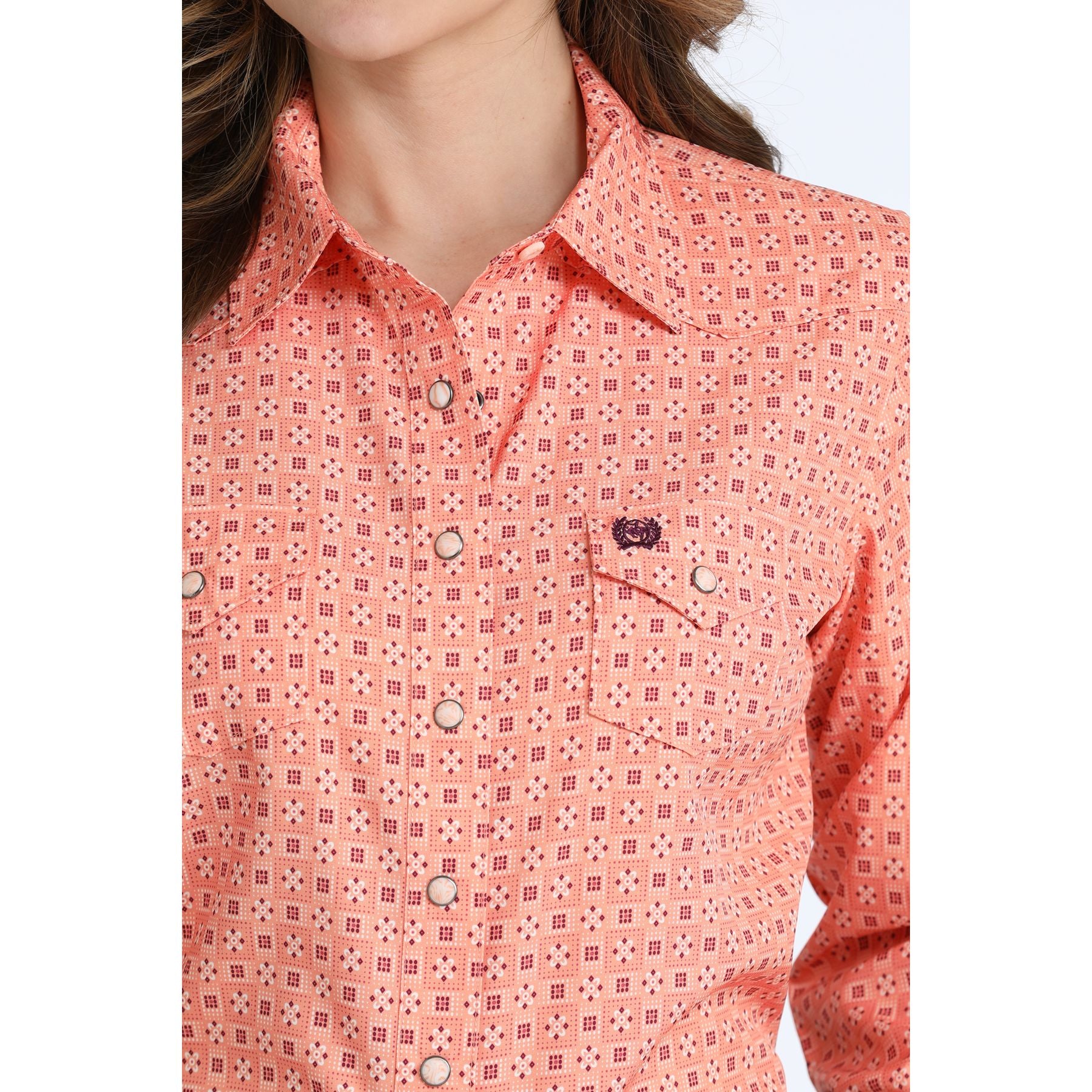 Women's Cinch Coral Geometric Long Sleeve Snap Shirt MSW9206007