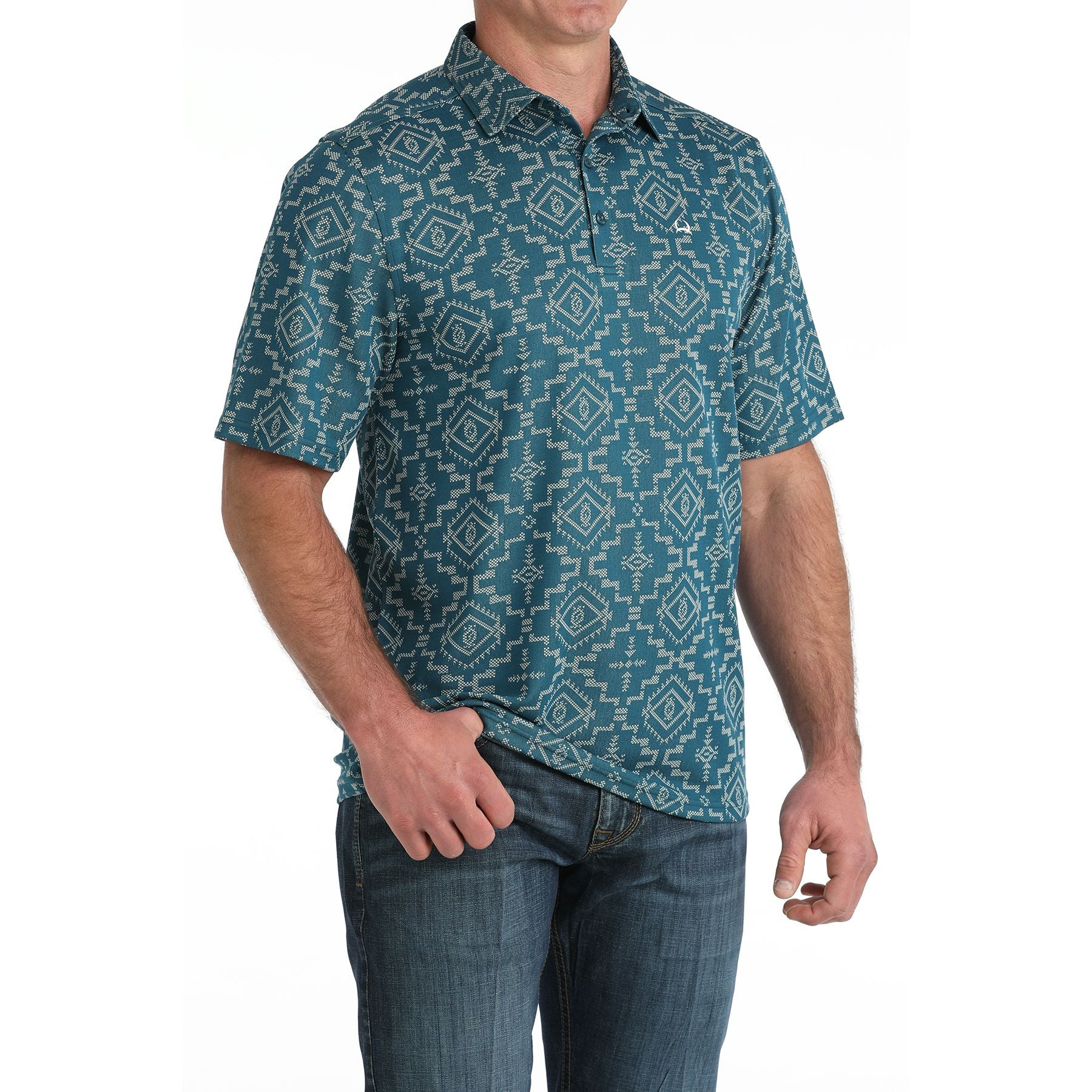Men's Cinch Blue Aztec Arenaflex Print Short Sleeve Shirt MTK1865037