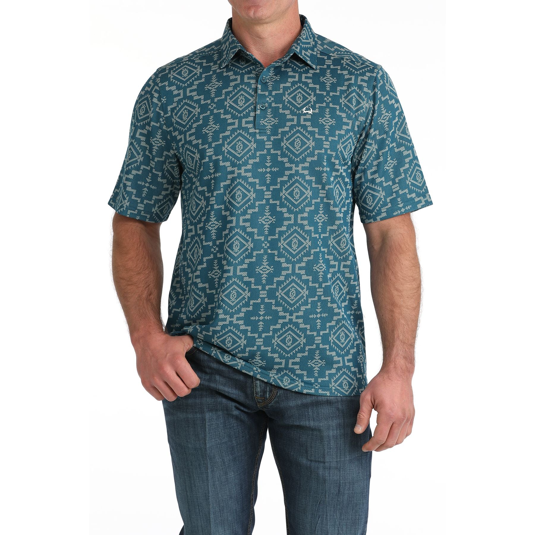 Men's Cinch Blue Aztec Arenaflex Print Short Sleeve Shirt MTK1865037