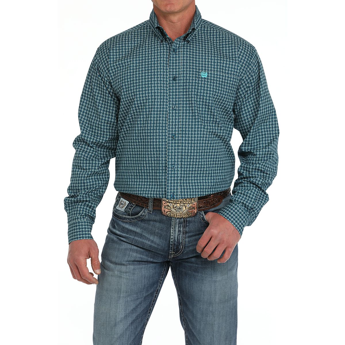 Men's Cinch Blue Geometric Blue Print Button Up Shirt MTW1105898