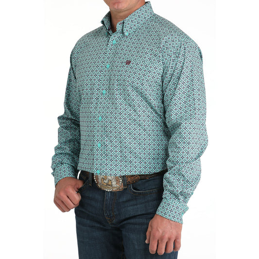 Men's Cinch Turquoise Tile Print Button Down Shirt MTW1105971