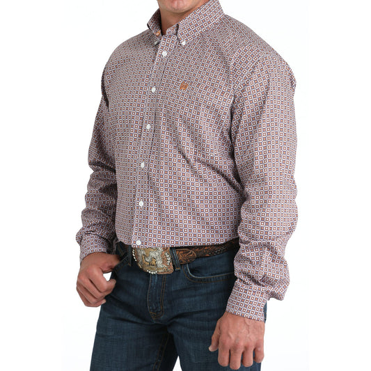 Men's Cinch Brown Geometric Print Long Sleeve Shirt MTW1105977