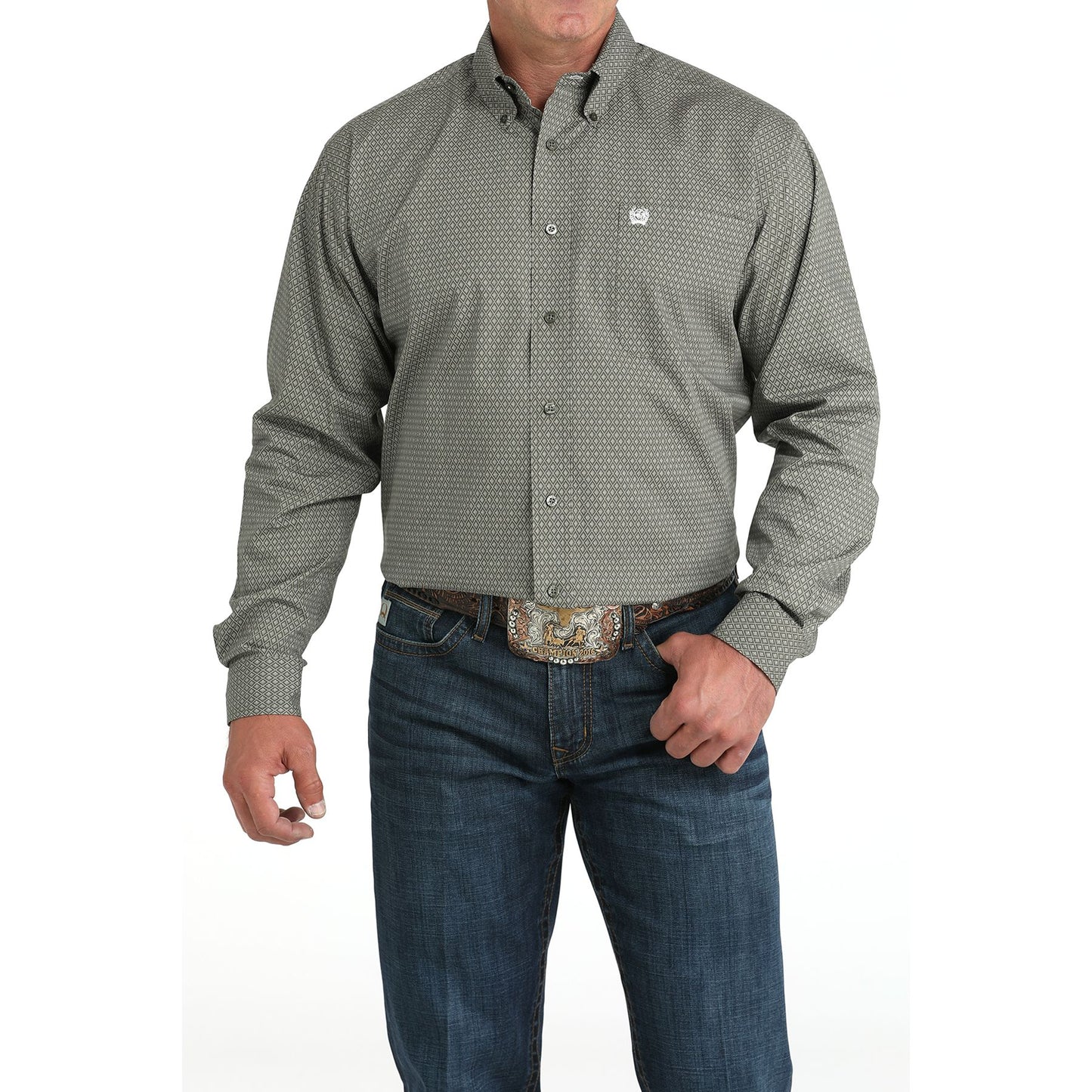 Men's Cinch Olive Diamond Print Long Sleeve Button Down MTW1105981