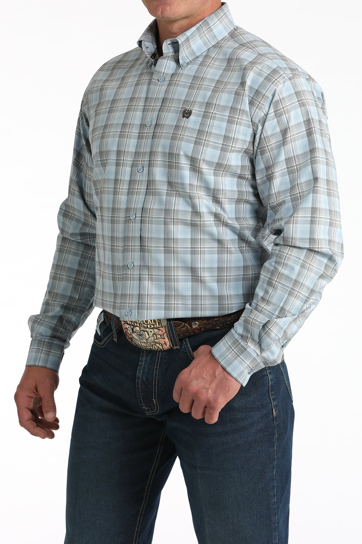 Men's Cinch Light Blue Plaid Long Sleeve Shirt MTW1106000