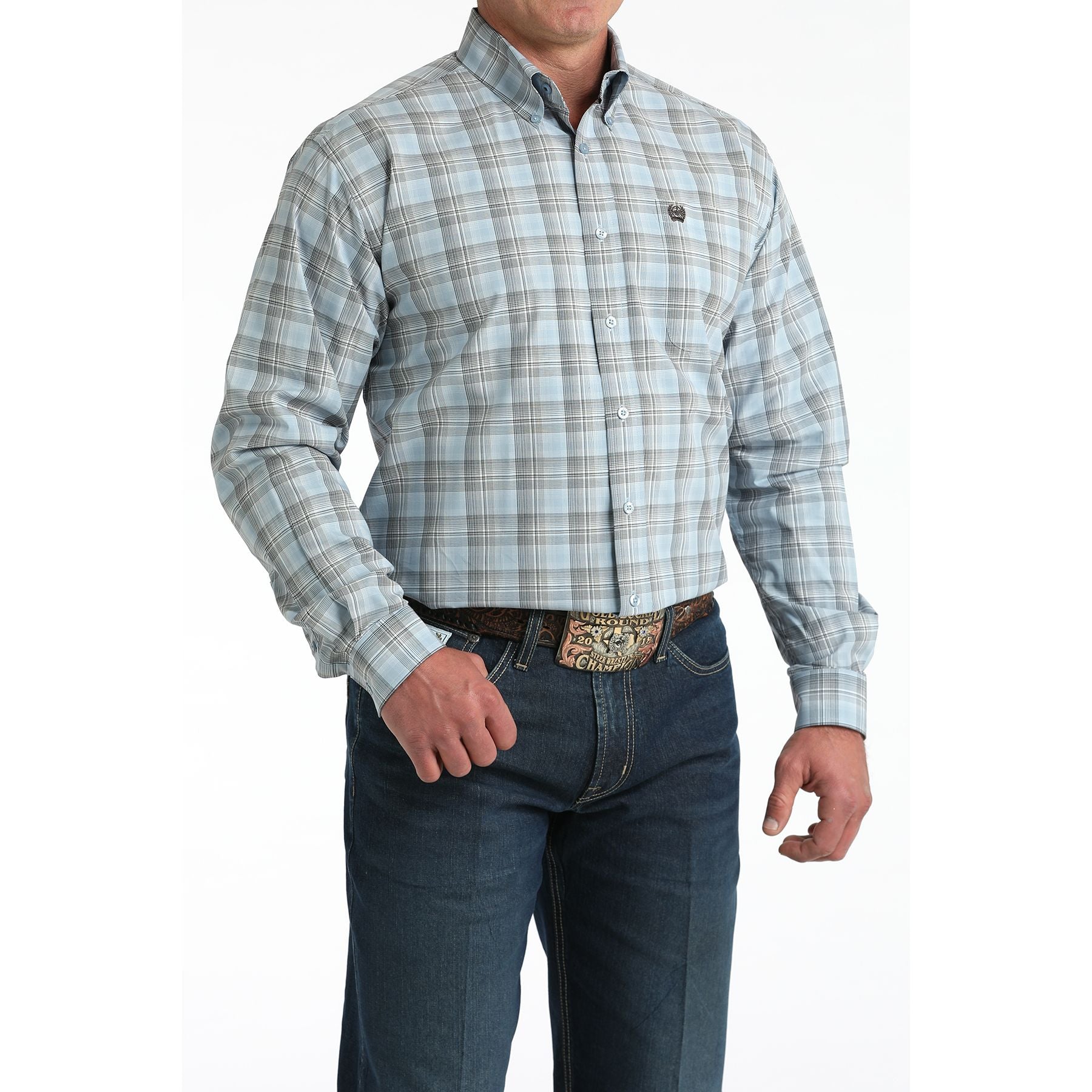 Men's Cinch Light Blue Plaid Long Sleeve Shirt MTW1106000