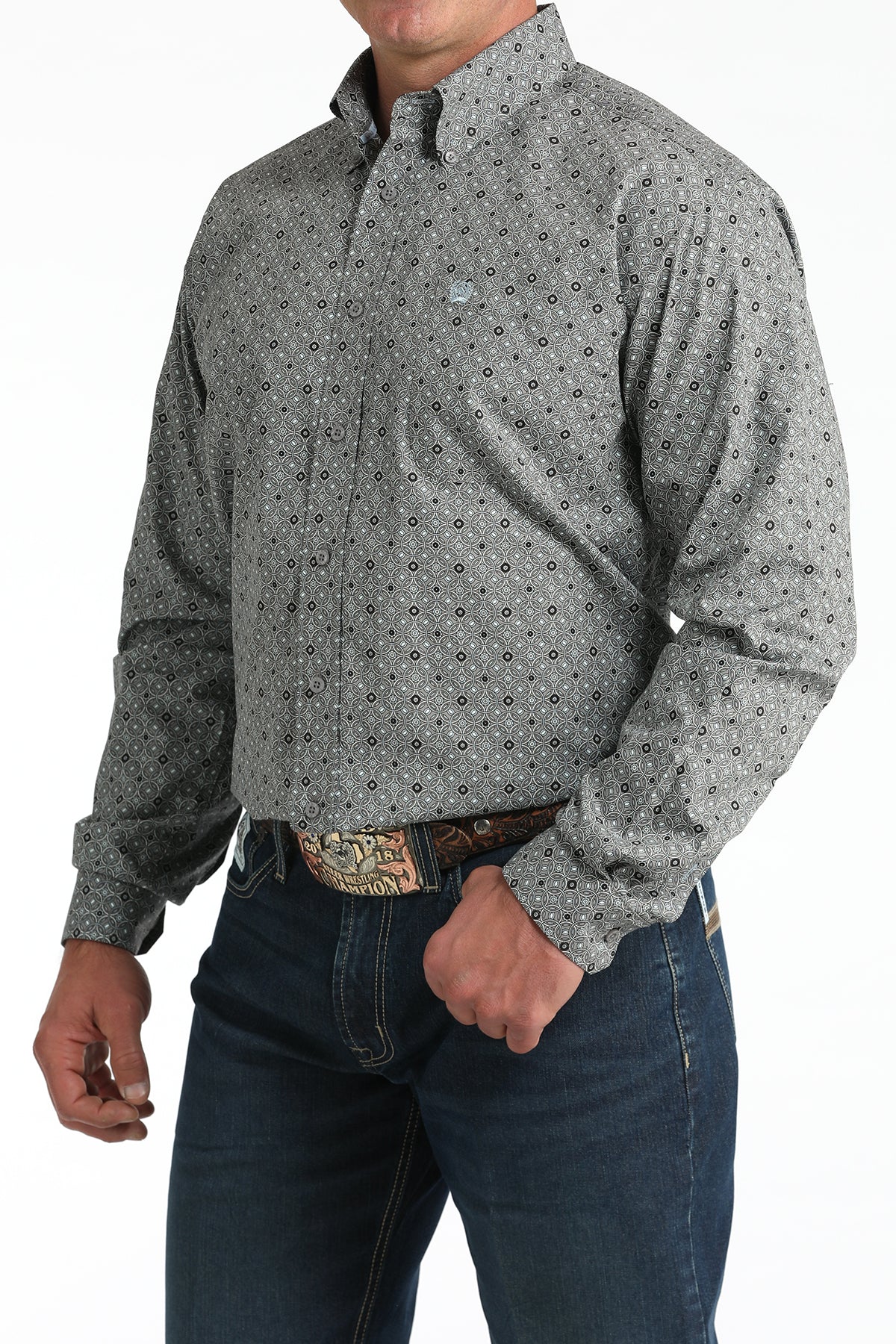 Men's Cinch Gray Geometric Print Button-Down Shirt MTW1106005