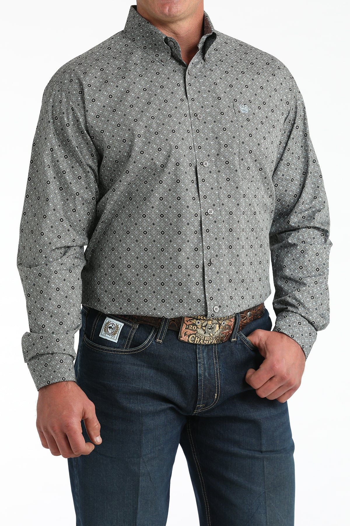 Men's Cinch Gray Geometric Print Button-Down Shirt MTW1106005