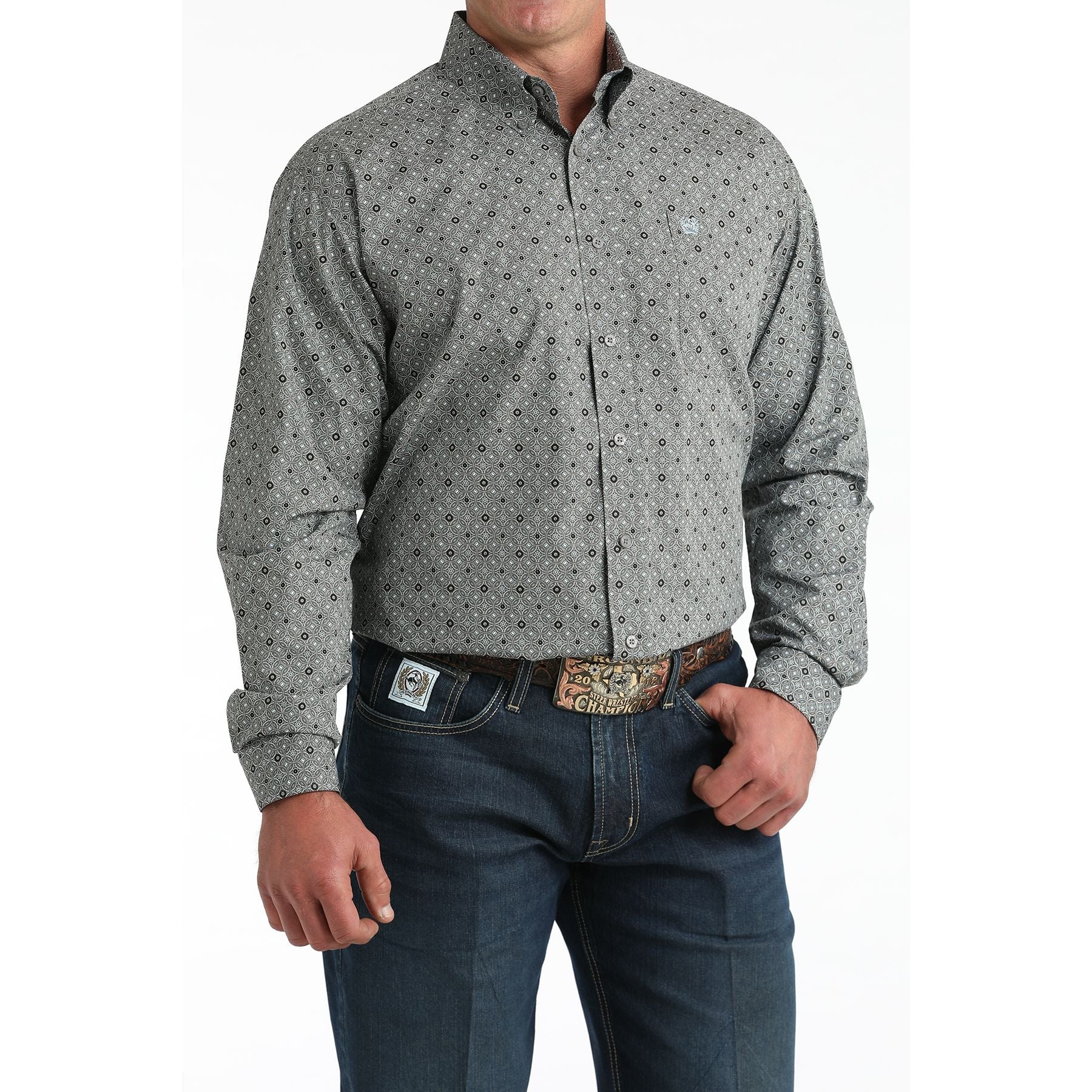 Men's Cinch Gray Geometric Print Button-Down Shirt MTW1106005