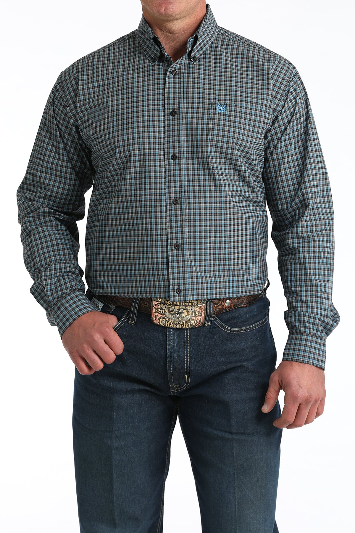 Men's Cinch Brown/Blue Small Plaid Classic Fit Button-Down Western Shirt MTW1106006