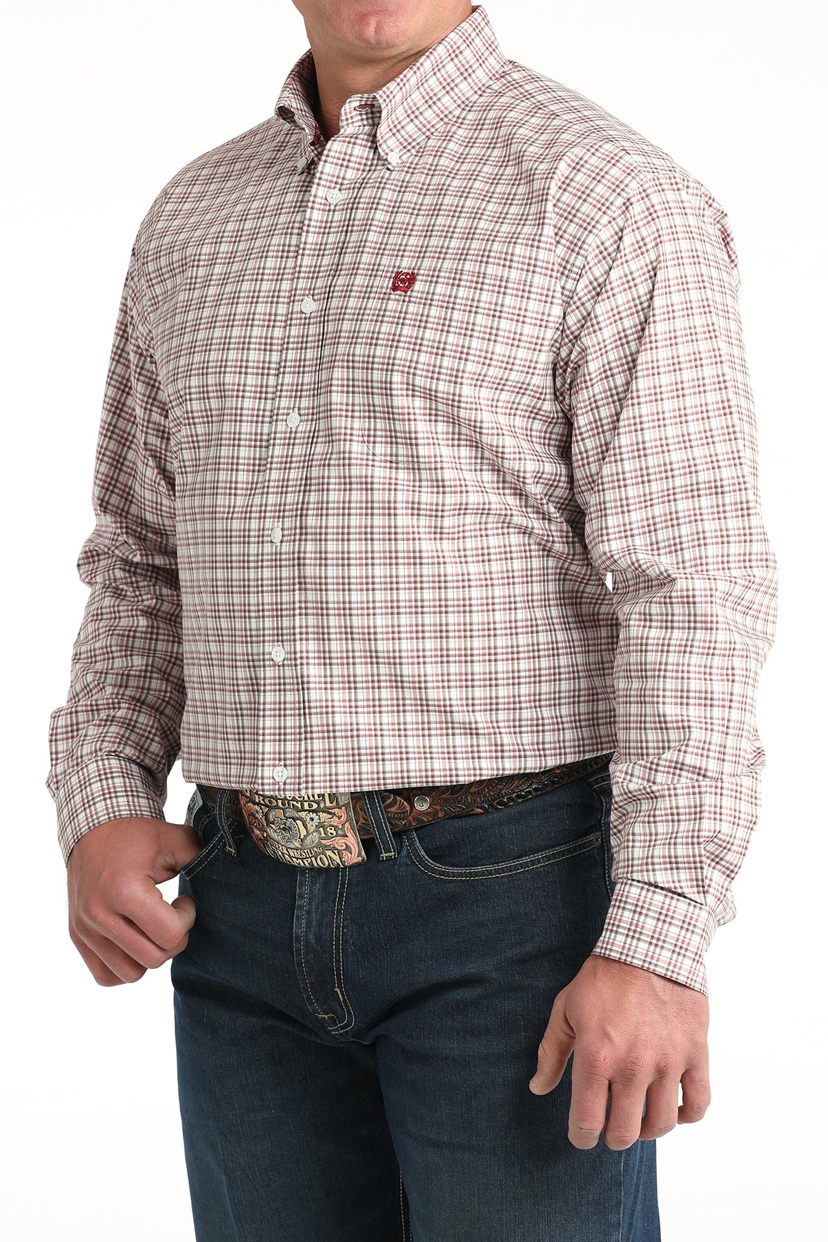 Men's Cinch White/Red Small Plaid Classic Fit Button-Down Western Shirt MTW1106015