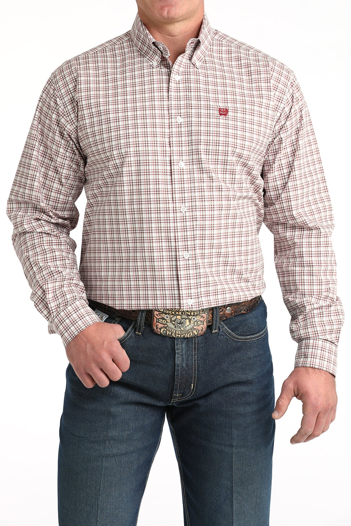 Men's Cinch White/Red Small Plaid Classic Fit Button-Down Western Shirt MTW1106015