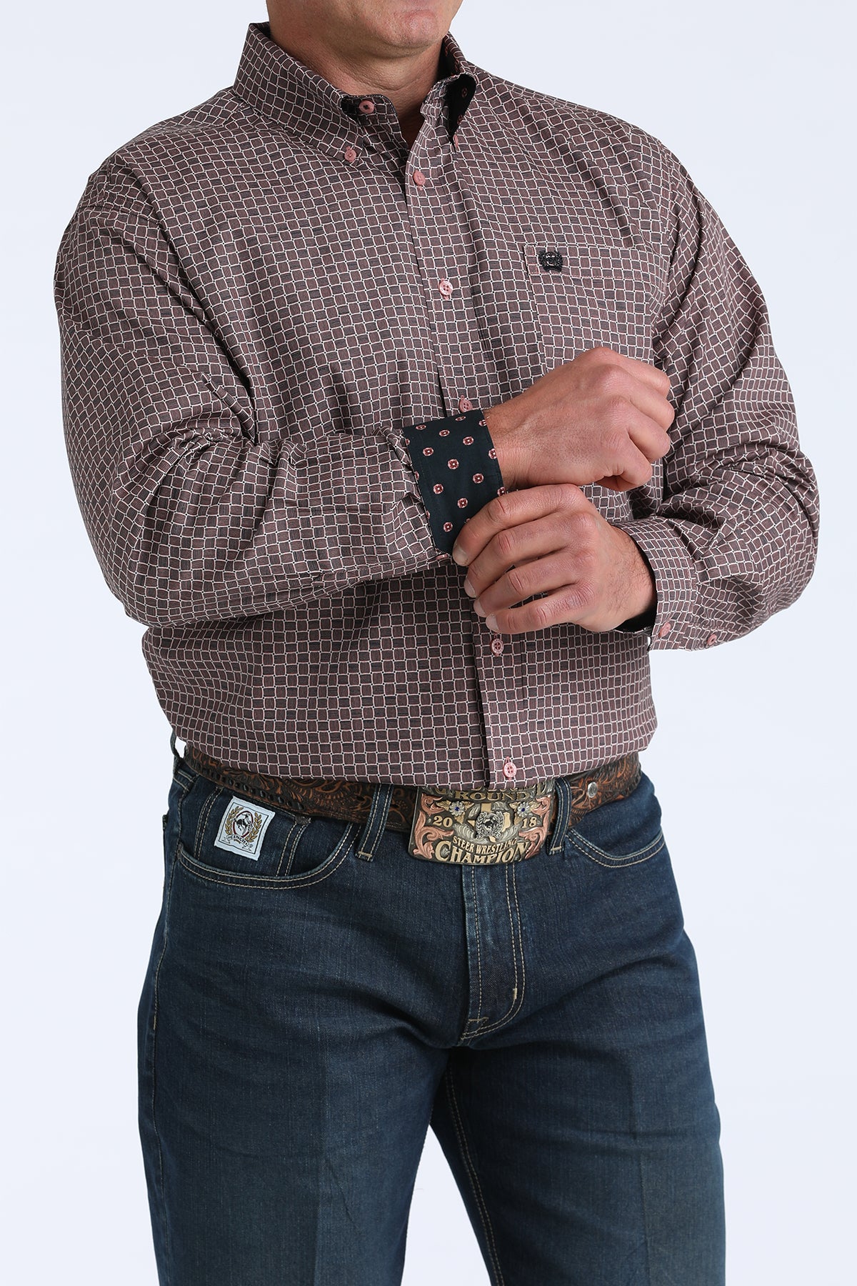 Men's Cinch Pink Square Stitch Print Classic Fit Button-down Western Shirt MTW1106016