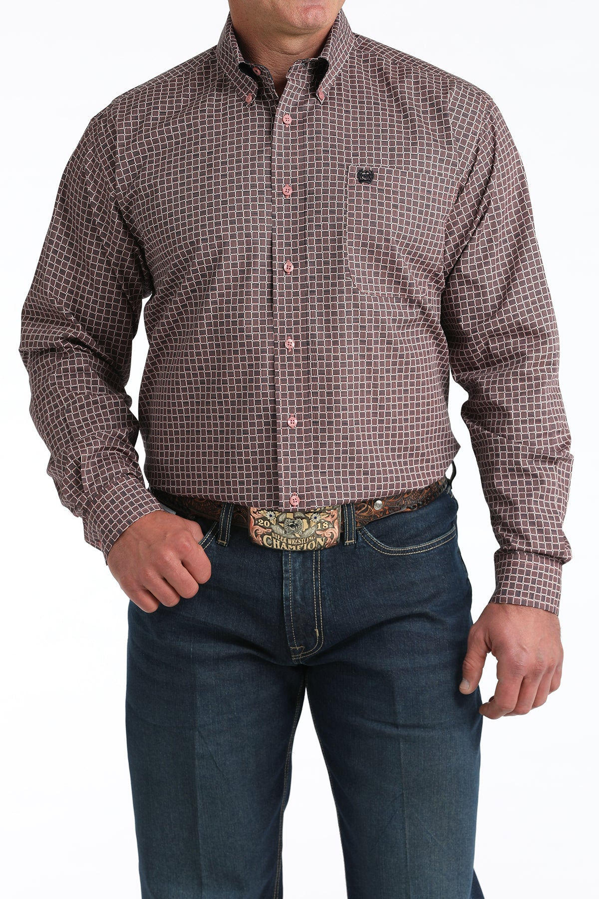 Men's Cinch Pink Square Stitch Print Classic Fit Button-down Western Shirt MTW1106016