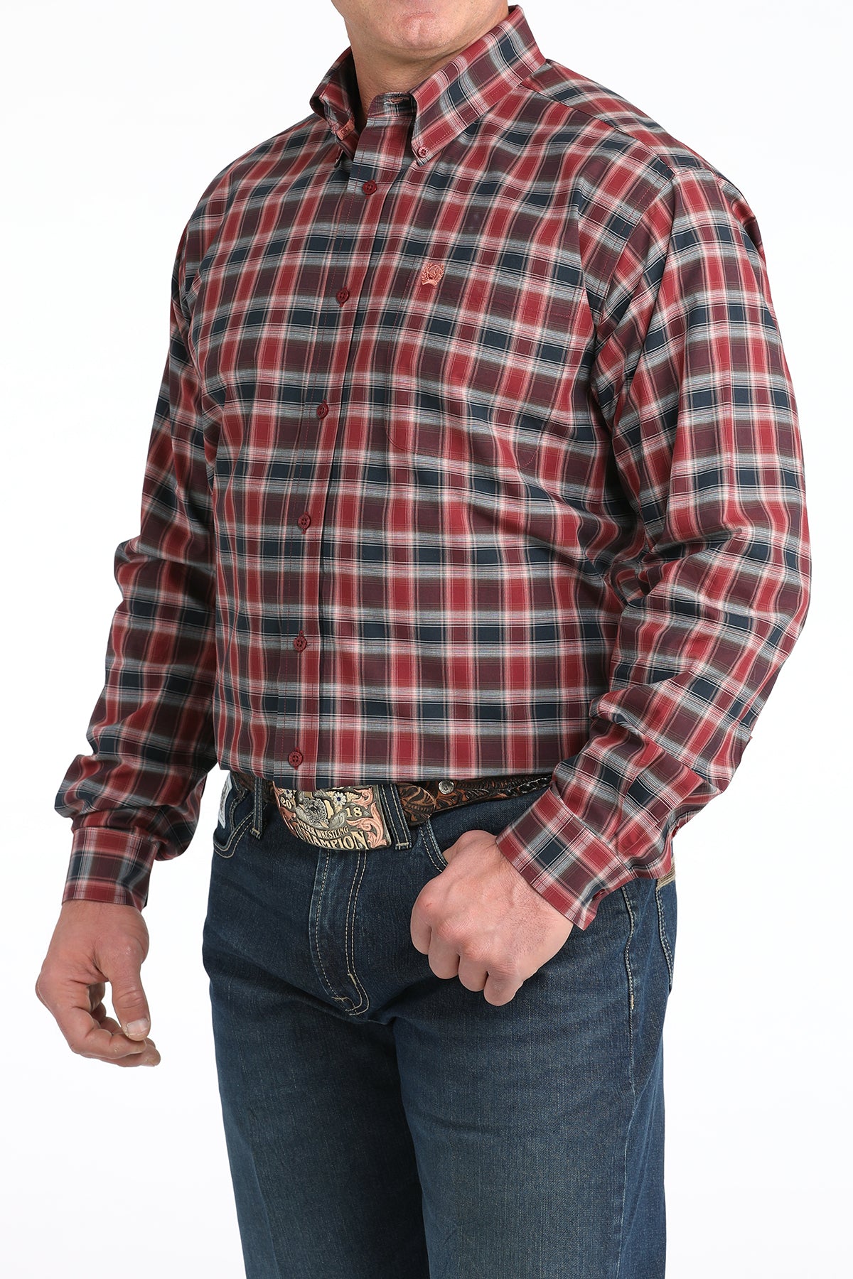 Men's Cinch Long Sleeve Burgundy Plaid Button Up Shirt MTW1106027