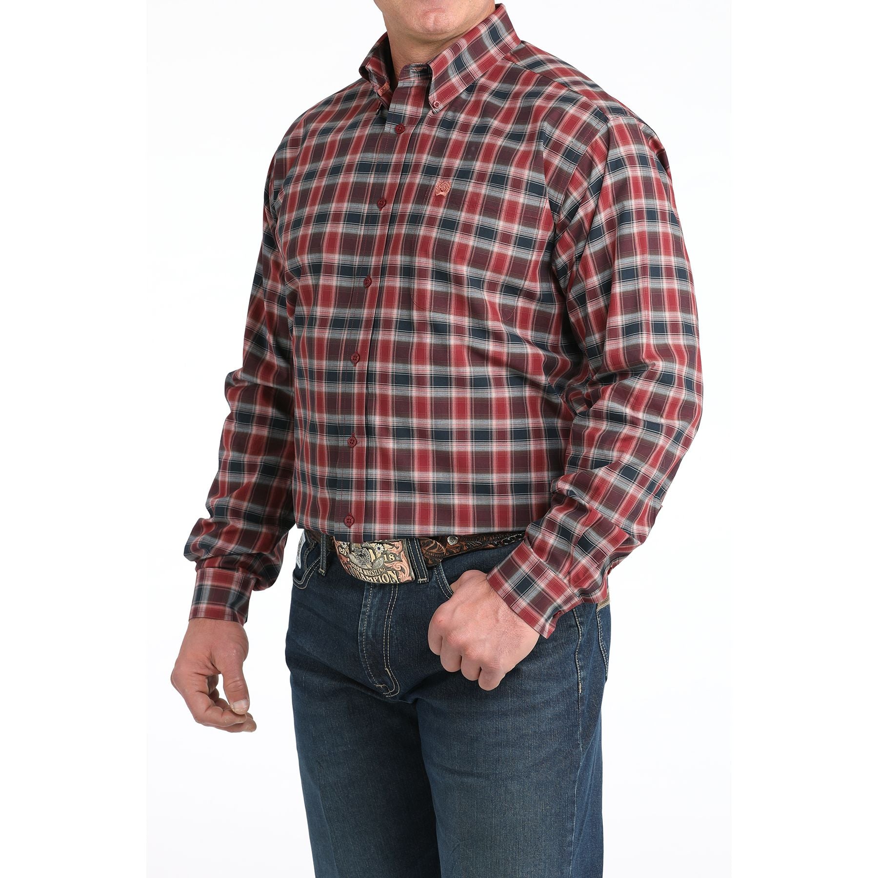 Men's Cinch Long Sleeve Burgundy Plaid Button Up Shirt MTW1106027
