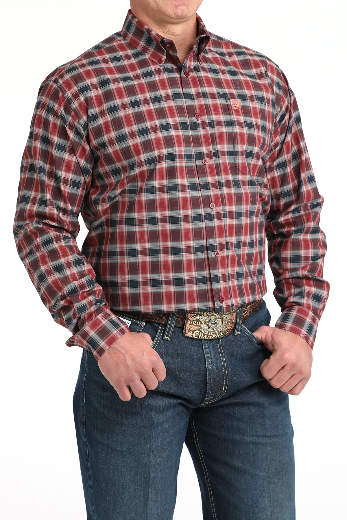 Men's Cinch Long Sleeve Burgundy Plaid Button Up Shirt MTW1106027