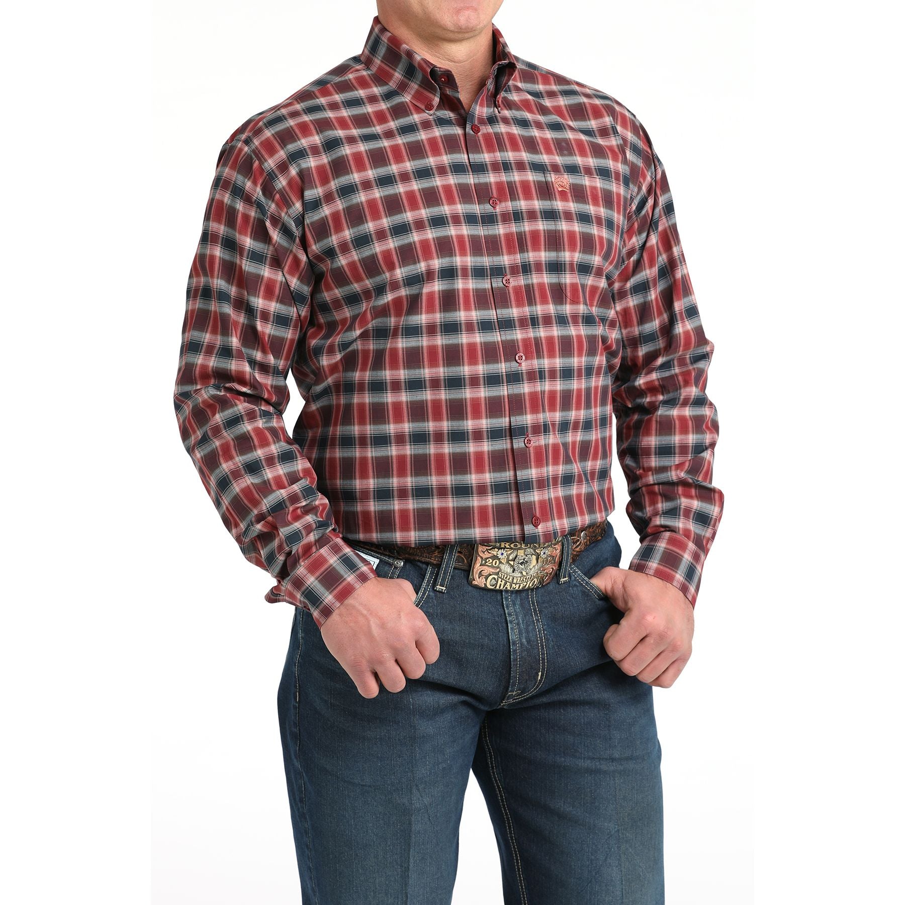 Men's Cinch Long Sleeve Burgundy Plaid Button Up Shirt MTW1106027