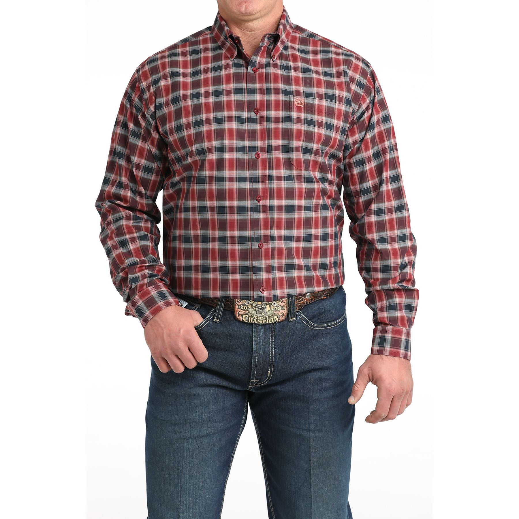 Men's Cinch Long Sleeve Burgundy Plaid Button Up Shirt MTW1106027