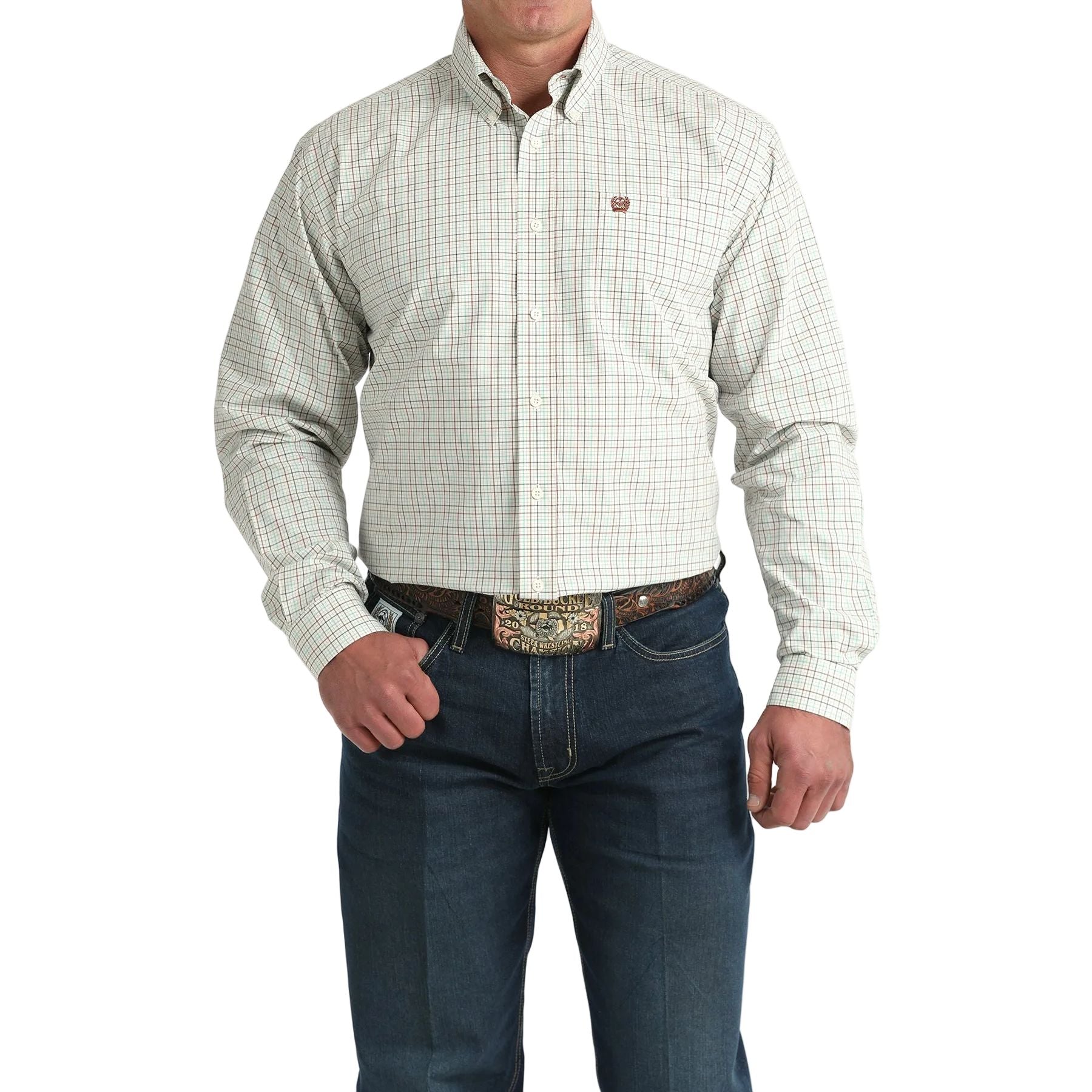 Men's Cinch Cream Grid Classic Fit Long Sleeve Button Down Shirt MTW1106035