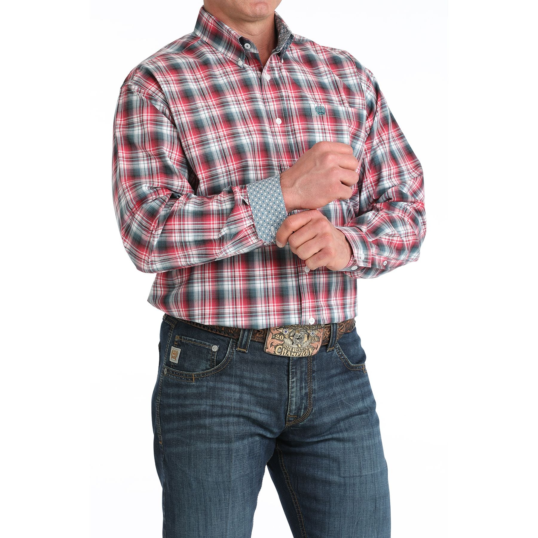 Men's Cinch Red and Black Plaid Long Sleeve Western Shirt MTW1106047