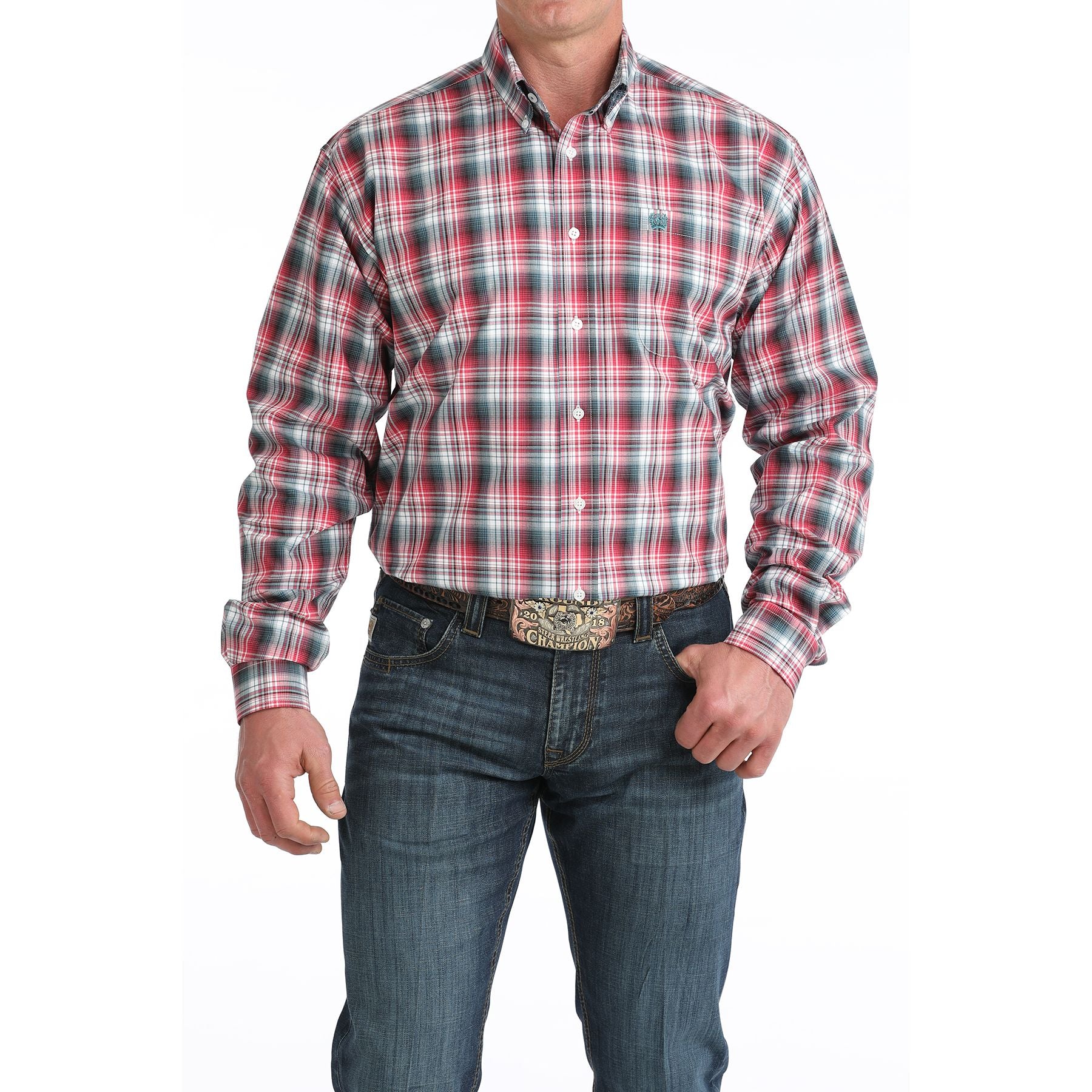 Men's Cinch Red and Black Plaid Long Sleeve Western Shirt MTW1106047
