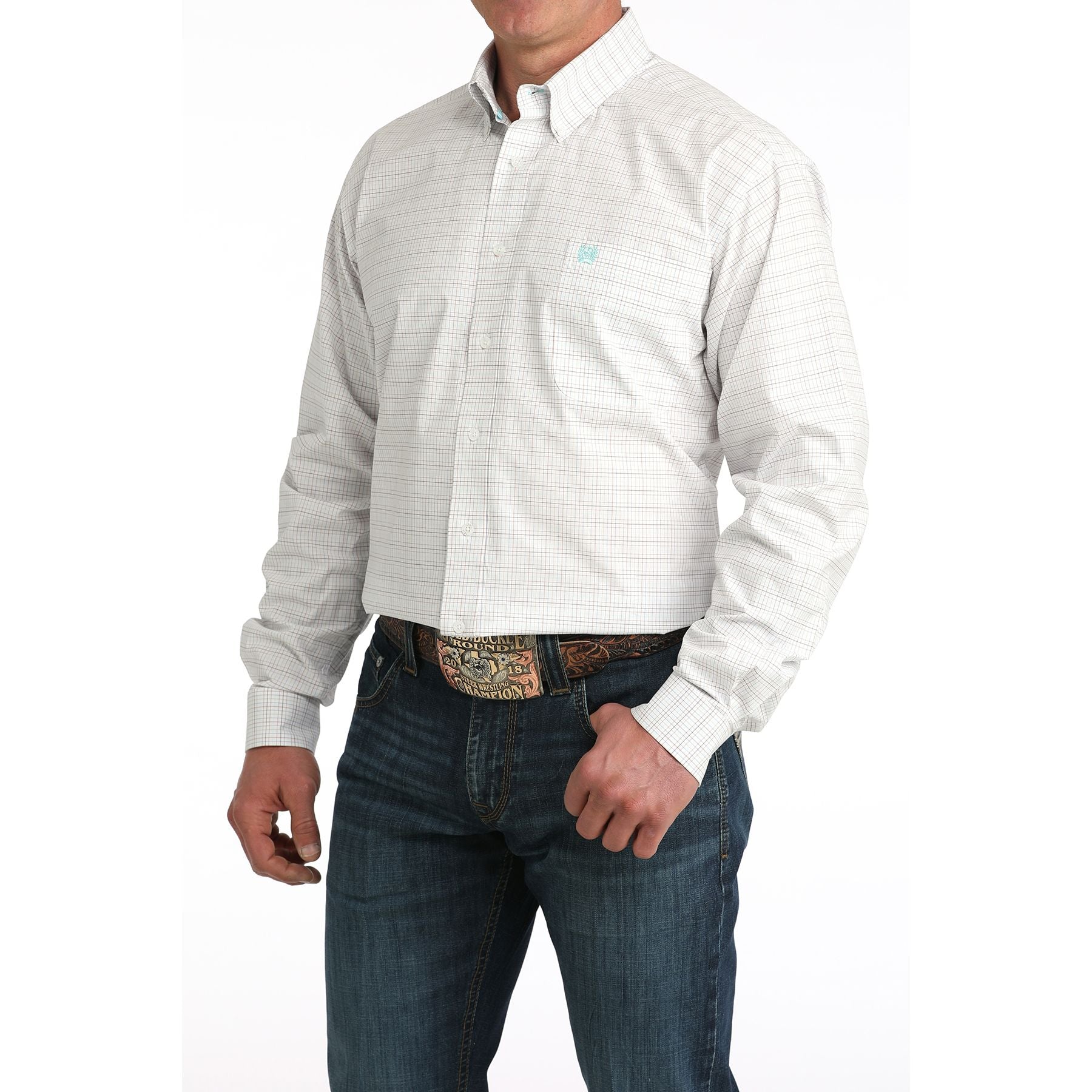 Men's Cinch White Plaid Long Sleeve Button Down Shirt MTW1106056