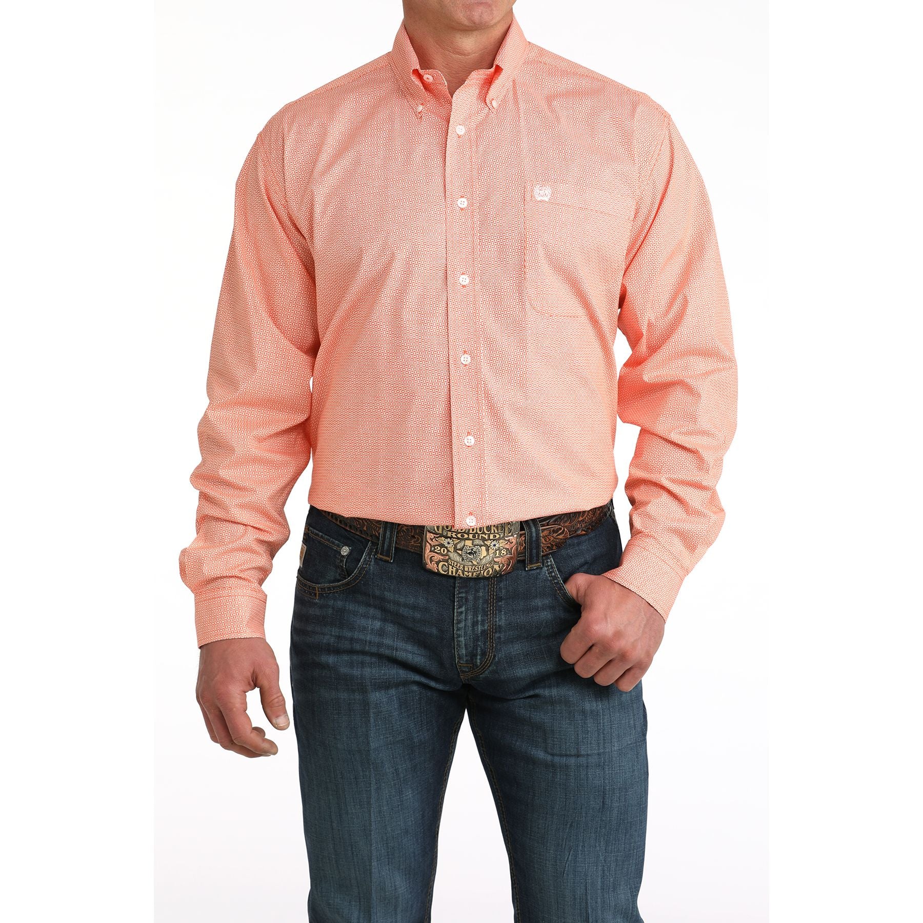 Men's Cinch Orange Long Sleeve Printed Button Down Shirt MTW1106058