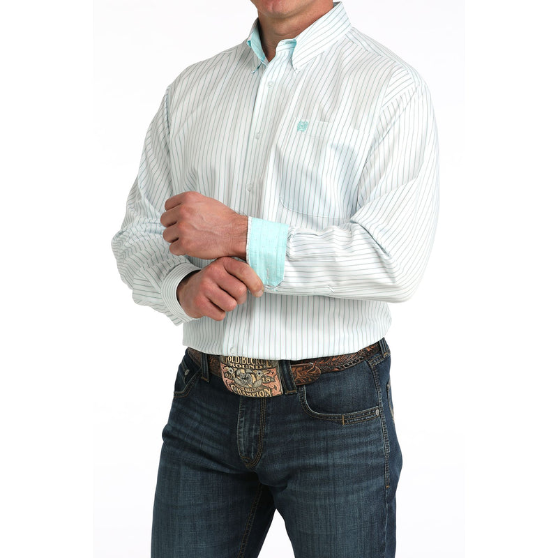 Men's Cinch White Striped Long Sleeve Button Down Shirt MTW1106061