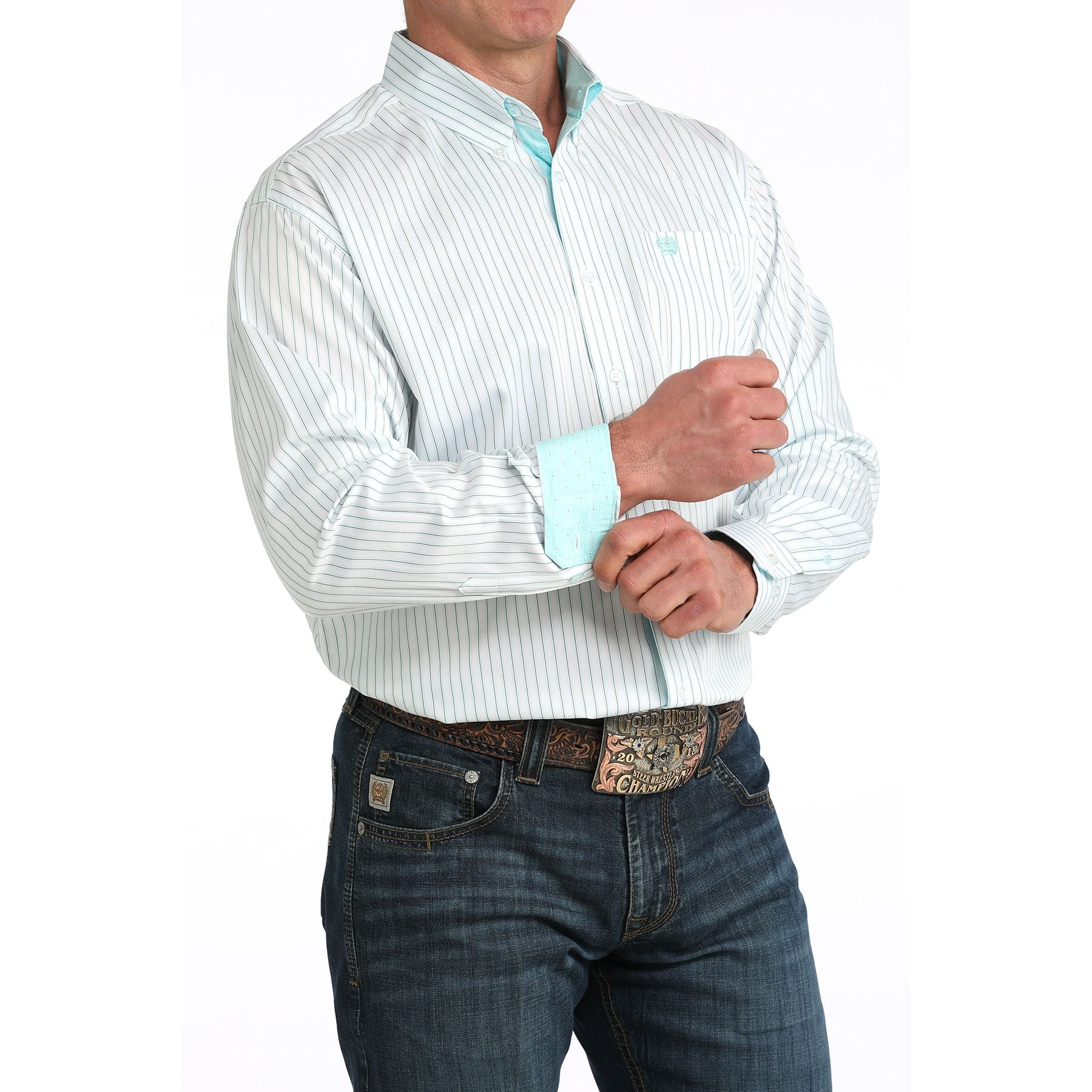 Men's Cinch White Striped Long Sleeve Button Down Shirt MTW1106061