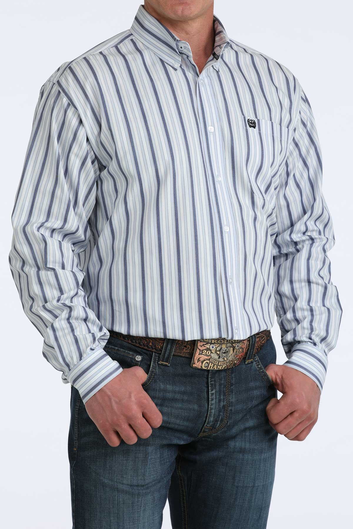 Men's Cinch White and Blue Striped Classic Fit Button Down Shirt MTW1106077