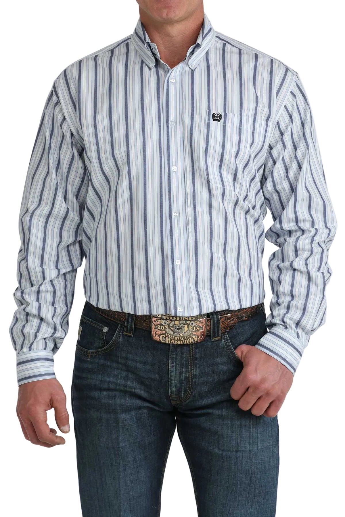 Men's Cinch White and Blue Striped Classic Fit Button Down Shirt MTW1106077