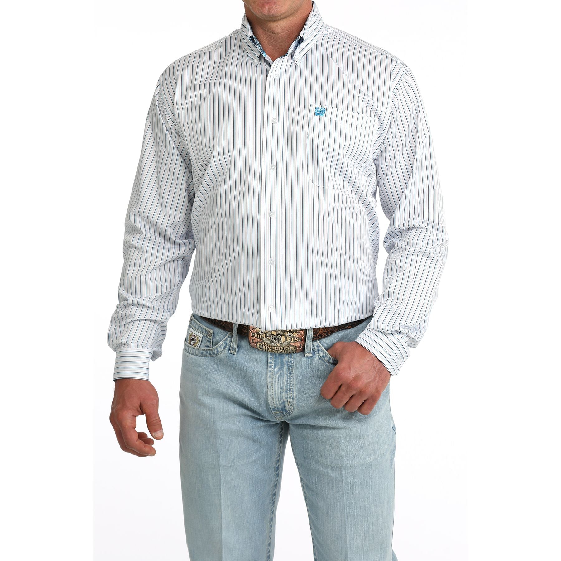 Men's Cinch Long Sleeve White Striped Button Down Shirt MTW1106085