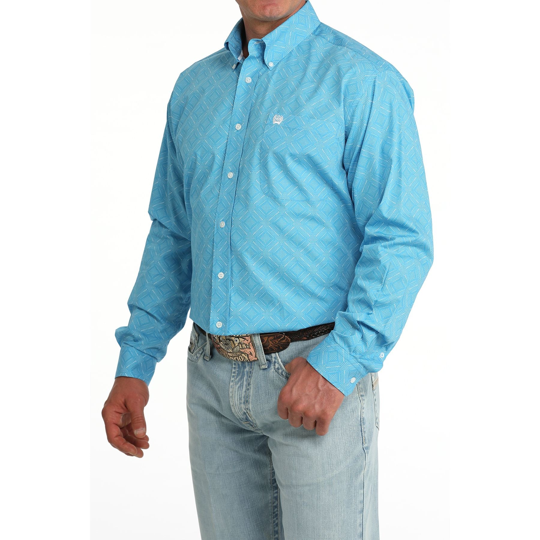 Men's Cinch Long Sleeve Blue Printed Button Up Shirt MTW1106086