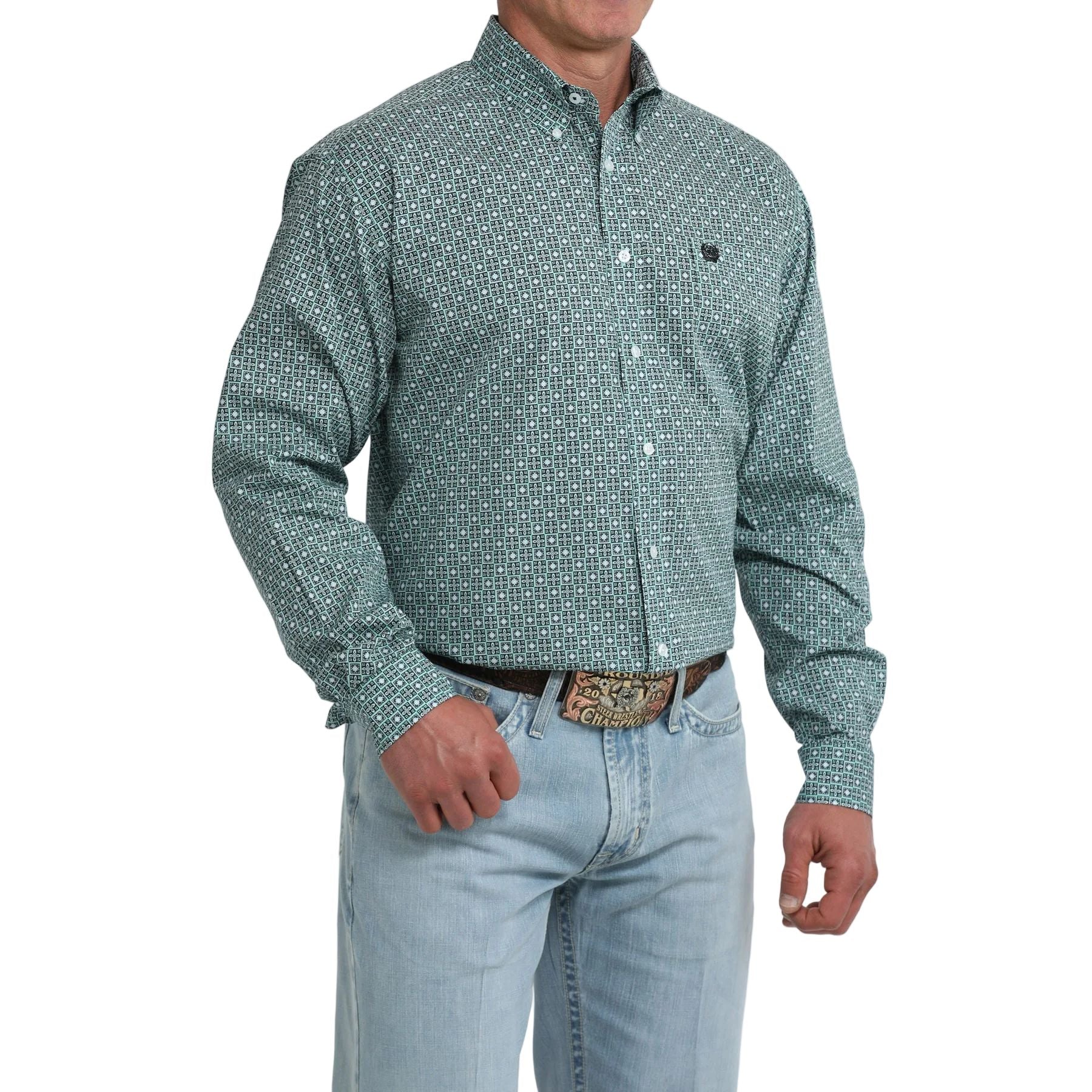 Men's Cinch Long Sleeve Classic Fit Teal Geo Printed Button Down Shirt MTW1106112